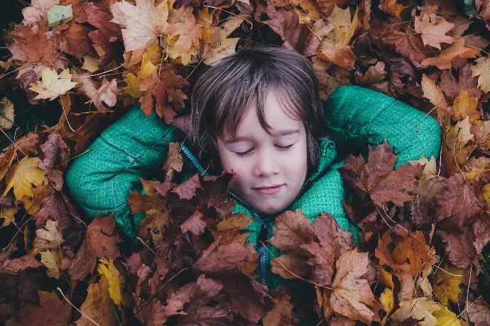 garçon aux yeux fermés, posé sur des feuilles d'érable brunes